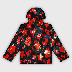 Ветровка с капюшоном женская Рождественские узоры красные, цвет: 3D-черный