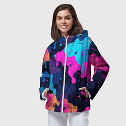 Ветровка с капюшоном женская Яркие кислотные разноцветные пятна в виде камуфляж, цвет: 3D-белый — фото 2