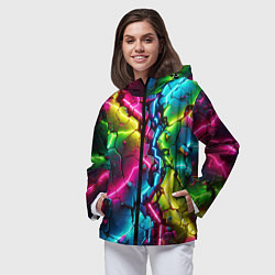 Ветровка с капюшоном женская Трещина - неон, цвет: 3D-черный — фото 2
