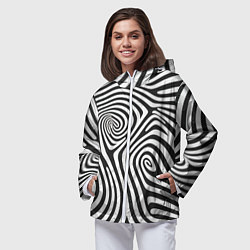 Ветровка с капюшоном женская Черно-белый водоворот - зебра исллюзия шкуры, цвет: 3D-белый — фото 2
