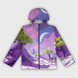 Ветровка с капюшоном женская Фиолетовые горы зеленые деревья и космос, цвет: 3D-черный