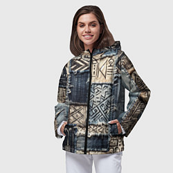 Ветровка с капюшоном женская Геометрия на пэчворк дениме, цвет: 3D-черный — фото 2