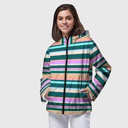 Ветровка с капюшоном женская Полосатый оранжево-бирюзовый, цвет: 3D-черный — фото 2