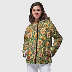 Ветровка с капюшоном женская Желтые подсолнухи и пшеница, цвет: 3D-черный — фото 2