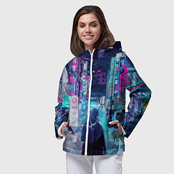 Ветровка с капюшоном женская Дождливый неоновый вечер в Японии, цвет: 3D-белый — фото 2