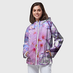 Ветровка с капюшоном женская Цветущая сакура на голубом фоне, цвет: 3D-белый — фото 2