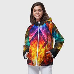Ветровка с капюшоном женская Красочный неоновый узор с огнем на фоне, цвет: 3D-белый — фото 2