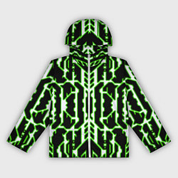Ветровка с капюшоном женская Техно белые линии с зелёной обводкой на чёрном фон, цвет: 3D-белый