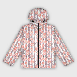 Ветровка с капюшоном женская Коралловые цветы на полосатом фоне, цвет: 3D-черный