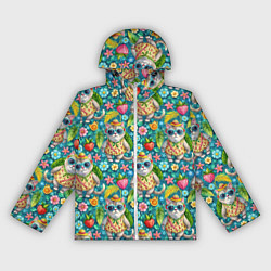 Ветровка с капюшоном женская Коты и летний вайб паттерн, цвет: 3D-белый