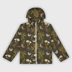 Ветровка с капюшоном женская Хохлатые синицы и мимоза паттерн, цвет: 3D-белый