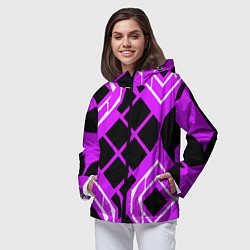 Ветровка с капюшоном женская Чёрные квадраты и белые полосы на фиолетовом фоне, цвет: 3D-черный — фото 2
