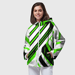 Ветровка с капюшоном женская Чёрно-зелёные полосы на белом фоне, цвет: 3D-белый — фото 2