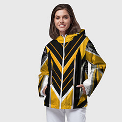 Ветровка с капюшоном женская Жёлто-серые полосы на чёрном фоне, цвет: 3D-белый — фото 2