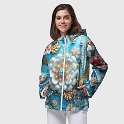 Ветровка с капюшоном женская Цветы и жемчуг, цвет: 3D-белый — фото 2