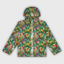 Ветровка с капюшоном женская Влюбленные попугаи в листьях, цвет: 3D-белый