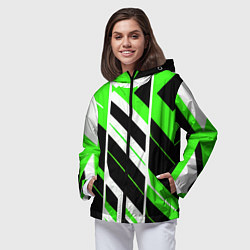 Ветровка с капюшоном женская Black and green stripes on a white background, цвет: 3D-черный — фото 2