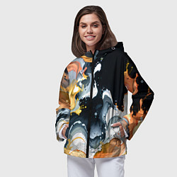 Ветровка с капюшоном женская Белые и персиковые разводы на черном фоне, цвет: 3D-черный — фото 2