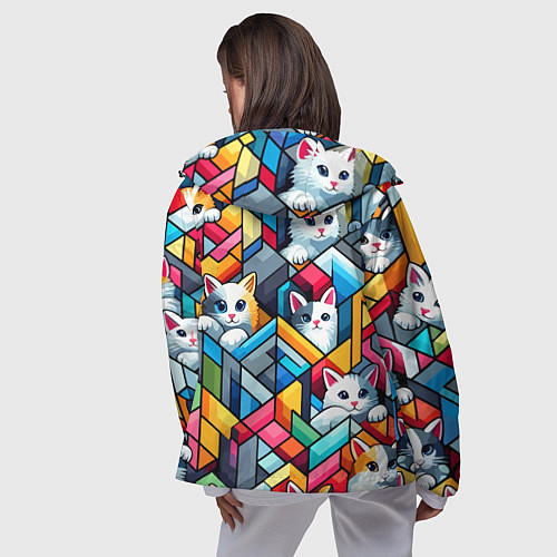 Женская ветровка Геометрический паттерн с котятами - нейросеть / 3D-Черный – фото 4