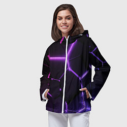 Ветровка с капюшоном женская Темные фиолетовые неоновые плиты в разломе, цвет: 3D-белый — фото 2