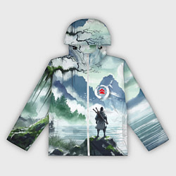 Ветровка с капюшоном женская Самурай на берегу горного озера - нейросеть, цвет: 3D-белый