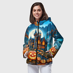 Ветровка с капюшоном женская Ночь Хэллоуина тыквы и замок, цвет: 3D-черный — фото 2