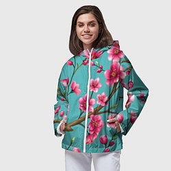 Ветровка с капюшоном женская Ветка розовой сакуры, цвет: 3D-белый — фото 2