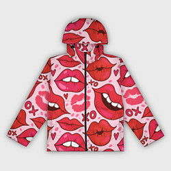 Ветровка с капюшоном женская Губы ХО паттерн, цвет: 3D-черный
