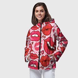 Ветровка с капюшоном женская Губы ХО паттерн, цвет: 3D-черный — фото 2