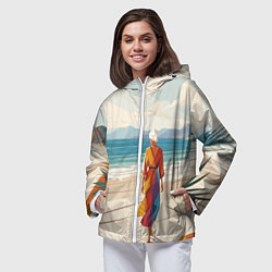 Ветровка с капюшоном женская Летний пейзаж с женщиной на пляже, цвет: 3D-белый — фото 2