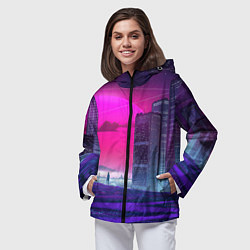 Ветровка с капюшоном женская Synthwave неоновый город, цвет: 3D-черный — фото 2