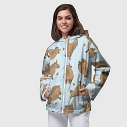 Ветровка с капюшоном женская Паттерн с капибарами и мандаринками голубой, цвет: 3D-белый — фото 2