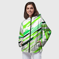 Ветровка с капюшоном женская Чёрно-зелёно-салатовые полосы на белом фоне, цвет: 3D-черный — фото 2