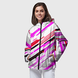 Ветровка с капюшоном женская Красно-розово-чёрные полосы на белом фоне, цвет: 3D-черный — фото 2