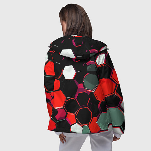 Женская ветровка Красно-белые шестиугольники на чёрном фоне / 3D-Черный – фото 4