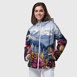 Ветровка с капюшоном женская Новогодний горный пейзаж с цветами, цвет: 3D-белый — фото 2