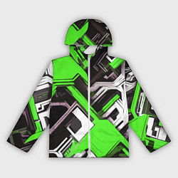 Ветровка с капюшоном женская Бело-зелёный техно паттерн на чёрном фоне, цвет: 3D-белый