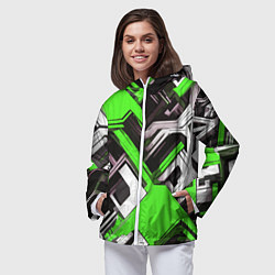 Ветровка с капюшоном женская Бело-зелёный техно паттерн на чёрном фоне, цвет: 3D-белый — фото 2
