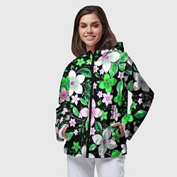 Ветровка с капюшоном женская Зелёно-белые цветы на чёрном фоне, цвет: 3D-черный — фото 2