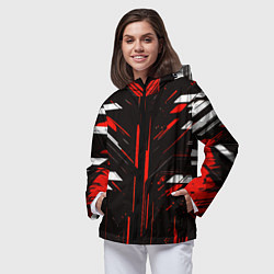 Ветровка с капюшоном женская Красно-белые полосы и точки на чёрном фоне, цвет: 3D-черный — фото 2