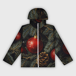 Ветровка с капюшоном женская Красные новогодние шары с шишкой, цвет: 3D-белый