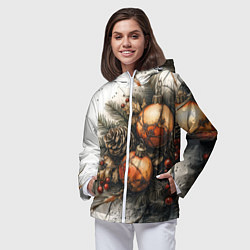 Ветровка с капюшоном женская Новогодние игрушки и шишки, цвет: 3D-белый — фото 2