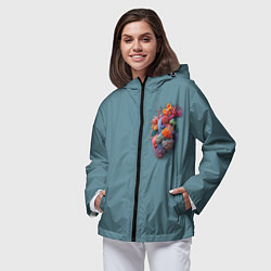 Ветровка с капюшоном женская Яркое сердце из кораллов в морском стиле, цвет: 3D-черный — фото 2