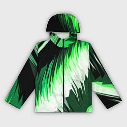 Ветровка с капюшоном женская Зелёно-белая абстракция на чёрном фоне, цвет: 3D-черный