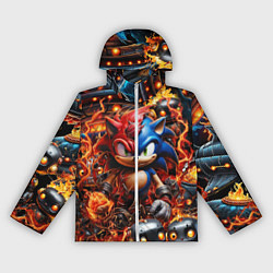 Ветровка с капюшоном женская Соник и Наклз на фоне огня и роботов, цвет: 3D-белый