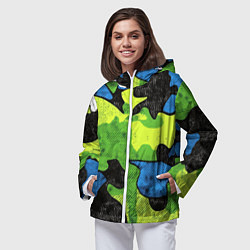 Ветровка с капюшоном женская Зелено-синий абстрактный камуфляж, цвет: 3D-белый — фото 2