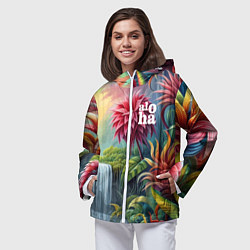 Ветровка с капюшоном женская Гавайские тропические цветы - алоха, цвет: 3D-белый — фото 2