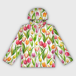 Ветровка с капюшоном женская Тюльпаны на белом фоне, цвет: 3D-белый