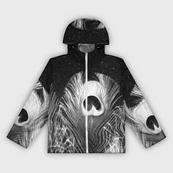 Ветровка с капюшоном женская Изогнутые белые перья павлина - чб иллюстрация, цвет: 3D-белый