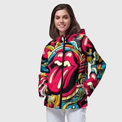Ветровка с капюшоном женская Rolling Stones logo - pop art pattern, цвет: 3D-черный — фото 2